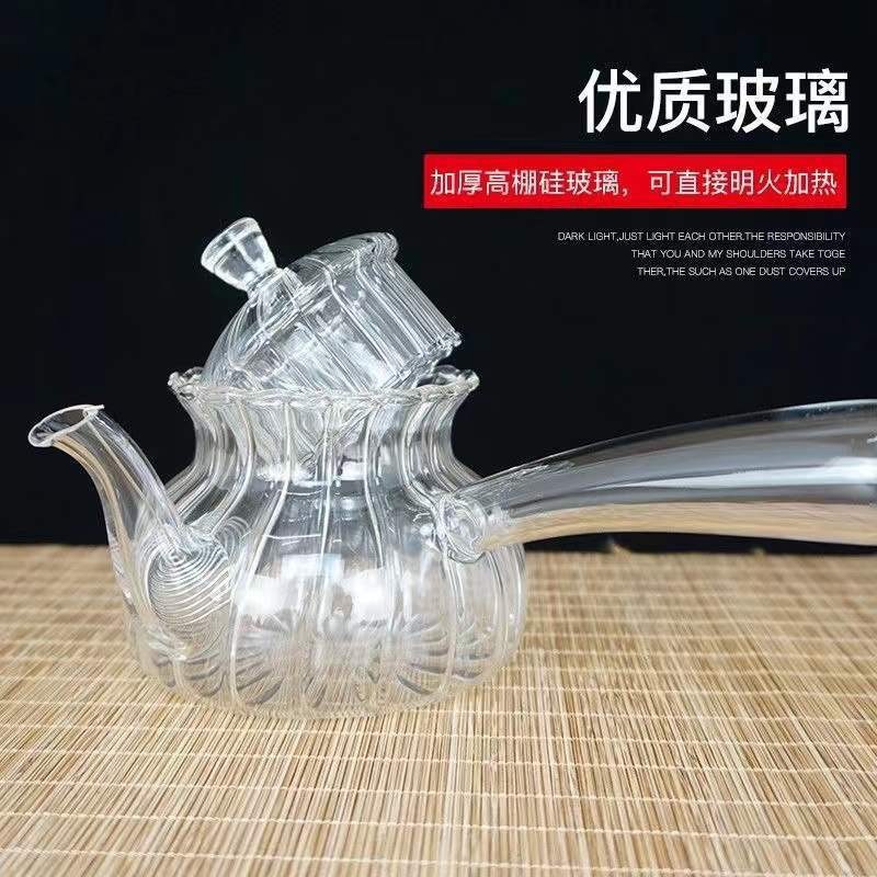 中式高硼硅玻璃壶条纹侧把玻璃花茶壶蒸煮茶壶长柄带过滤泡茶壶