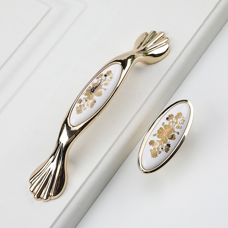 Gold Ceramic Pull Handle, European Minimalist Cabinet and Dresser Knob, Modern Ceramic Elliptical Furniture Handle