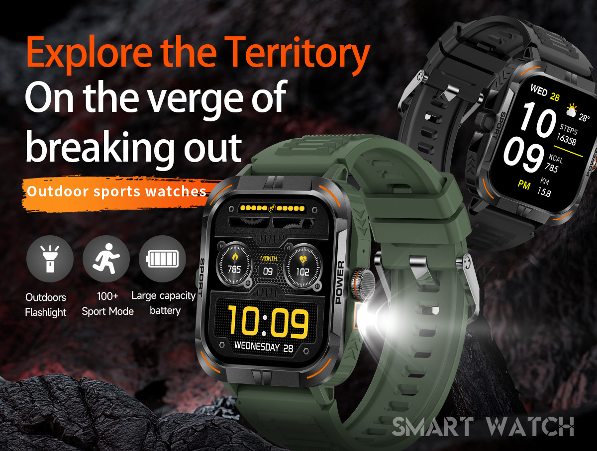 Montre connectée outdoor avec écran tactile AMOLED 1,97 pouce, Bluetooth, appels et lampe torche._voghion.com