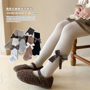 2024 Spring and Autumn New Type A Cotton Children's Leggings Girls' Bow Pantyhose Student's Rhombic Thin Socks