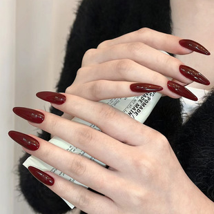 CS-77 almond wine red fake nail almond tip nail cross-border wear nail polish nail paste 24 pieces nail polish wholesale