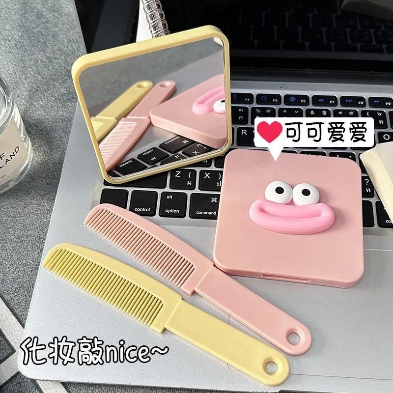 新しいかわいいソーセージ口ハンドルミラー、コーム付き、ポータブルハンドヘルド化粧鏡、ガーリーハートミラー、コーム一体型小型ミラー|undefined