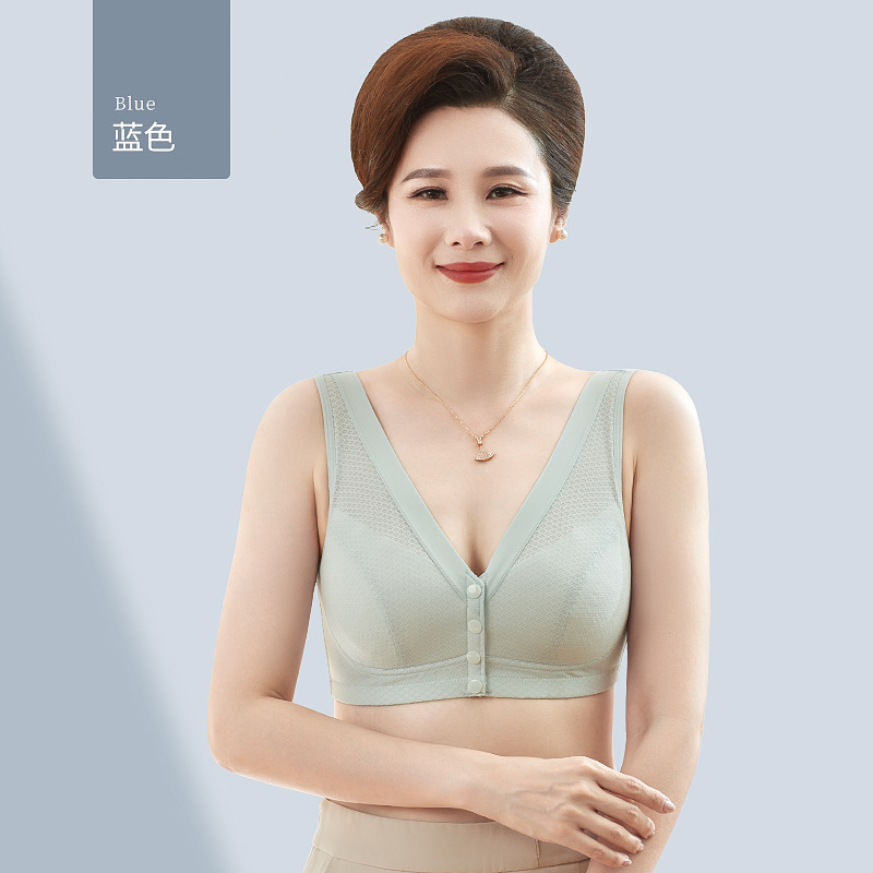 Ropa interior de mamá verano estilo delgado hebilla delantera sujetador sin anillo de acero forro de algodón puro estilo chaleco sin costuras sujetador de mediana edad y anciano de gran tamaño