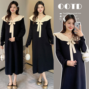 Real shot pregnant women dress long new knitted lotus leaf collar fashionable autumn and winter pregnant women nursing sweater dress