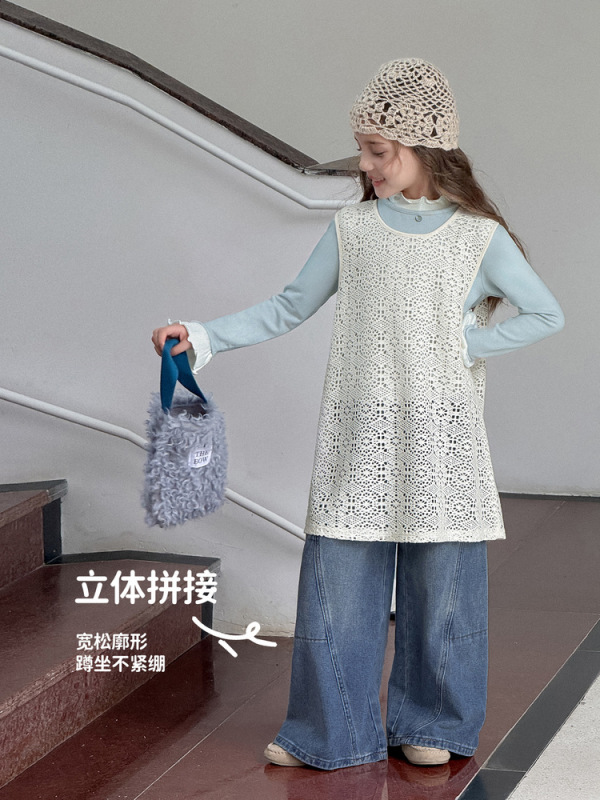 图图小象女童裤子2025春秋立体拼接有型宽松阔腿裤软牛仔裤亲子装|undefined