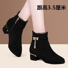 秋冬款磨砂软皮女短靴圆头粗跟高跟鞋加绒保暖女棉鞋中跟低跟女靴