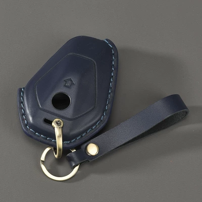 Cover Handmade Cowhide High-End Leather | Car key bag - blue-hand-strap