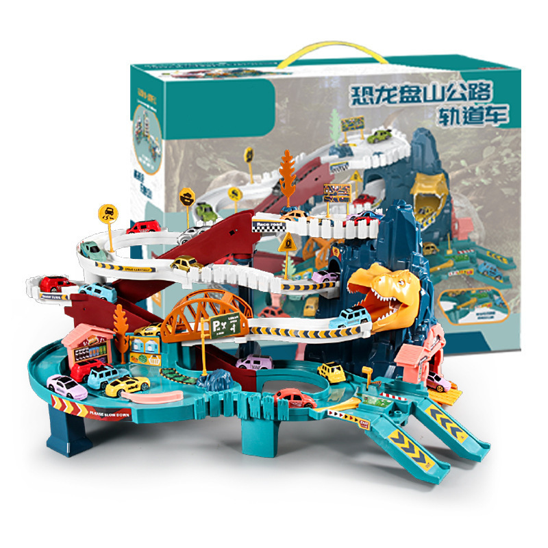 Juego de aventura de montaña tridimensional eléctrico ensamblado para niños Dinosaur Paradise Orbital inercial Coche Juguete