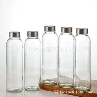 跨境定制500ml钠钙水杯套装 不锈钢盖密封玻璃瓶户外运动随手杯