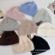 跨境秋冬亮片兔毛针织帽软糯毛绒奶嘴帽女秋冬季百搭保暖毛线帽潮