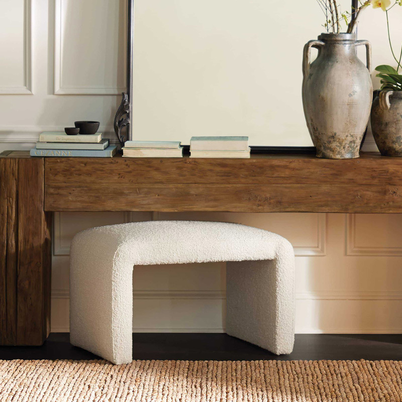 Italian Minimalist Cream Sofa Bench with Footrest and Shoe Rack, Nordic Light Luxury Lamb Wool Daughter's Room Vanity Bench