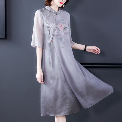 Silver gray flowers Chinese Dress qipao cheongsam for women mother dress female  temperament elegant long skirt in restoring ancient ways