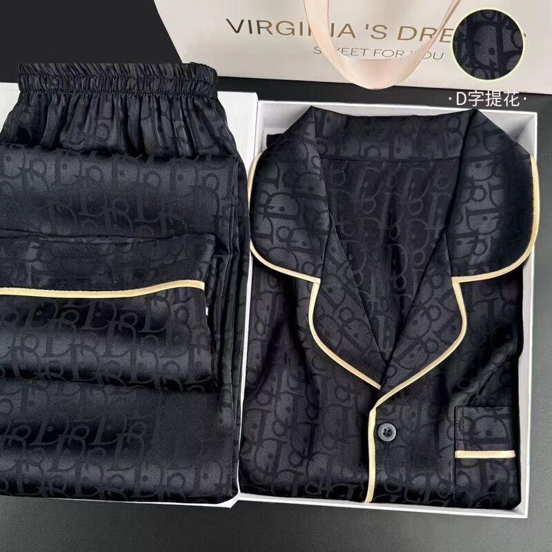 Cross-border men's pajamas for summer, spring, and autumn, thin ice silk long-sleeved and long-pant set, new large size home wear, can be worn outside, silk