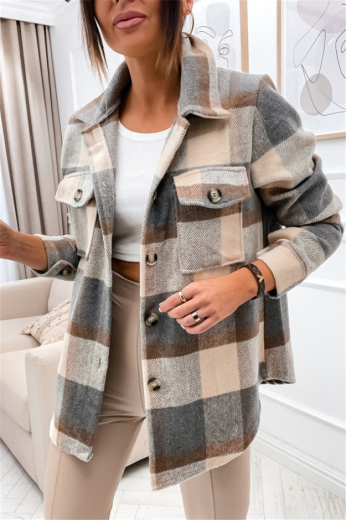 Women's Fashion Plaid Pocket Single Breasted Coat Woolen Coat display picture 2