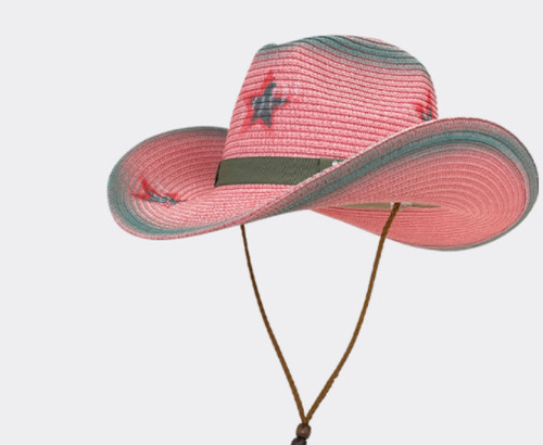 粉色辣妹少女西部牛仔帽子vintage小众草帽防晒沙滩海边遮阳帽夏