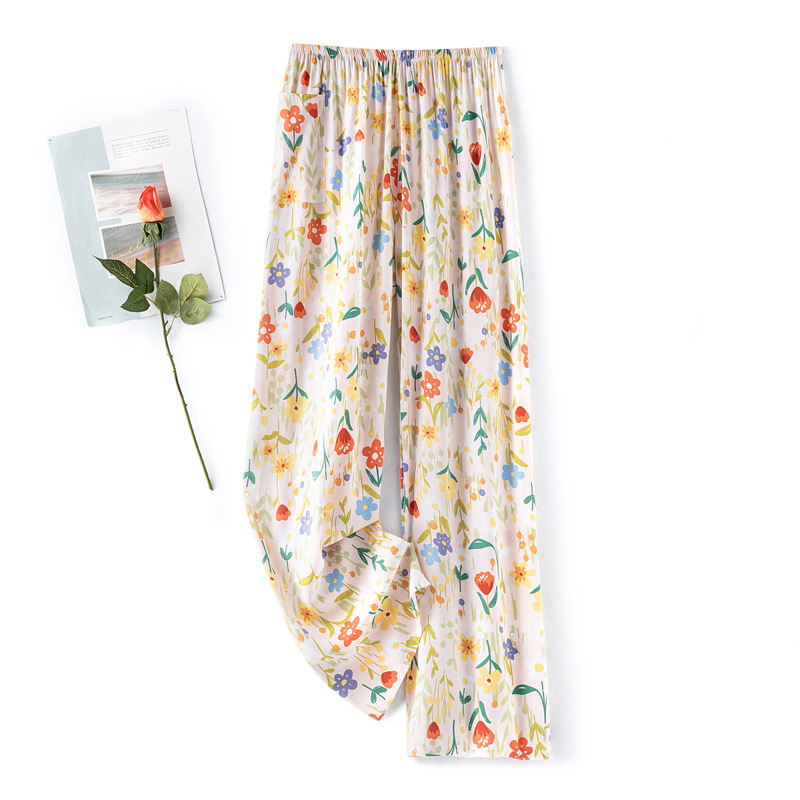Cotton Silk Pajama Pants Women's Summer Thin plus size Loose Faux Cotton Silk Household Plaid Long Pants Straight Outer Wearing