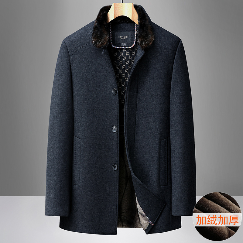 Men's coat with detachable mink fur collar, suitable for middle-aged and elderly men, autumn and winter business style, fleece-lined men's jacket.