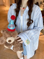 设计感条纹polo领长袖衬衫外套女秋季宽松显瘦防晒衫外搭开衫上衣