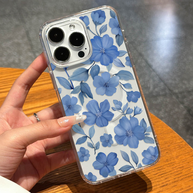 Magnetic Charging Blue Flower Phone Case Suitable for Apple 17 Soft Case 16, Supports Magsafe, Same Style as Popular Influencers Magnetic Charging Blue Flower Phone Case Suitable for Apple 17 Soft Case 16, Supports Magsafe, Same Style as Popular Influencers