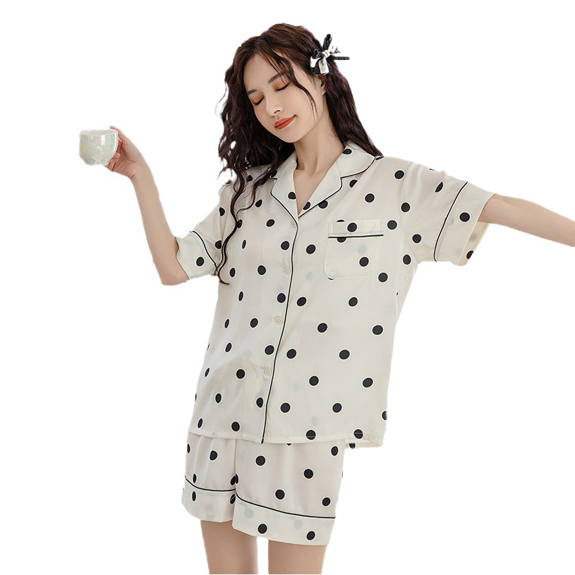 Leche de las mujeres de estilo francés pijamas de verano fresco hielo de seda Polka Dot manga corta pantalones cortos desgaste del hogar traje de dos piezas
