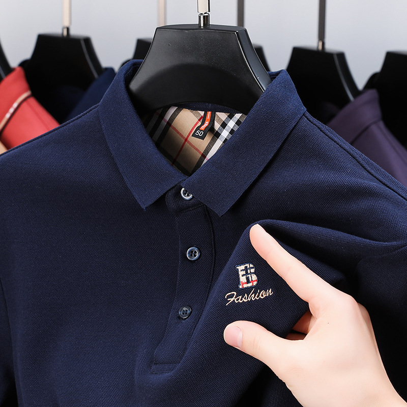 American-style long-sleeved polo shirt for men, new spring and autumn style, collared, pure cotton, youth and middle-aged base T-shirt, polo embroidery.