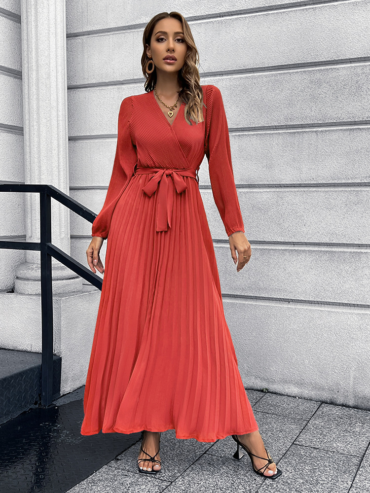 British Style Solid Color V Neck Long Sleeve Ruched Polyester Dresses Midi Dress Pleated Skirt display picture 3