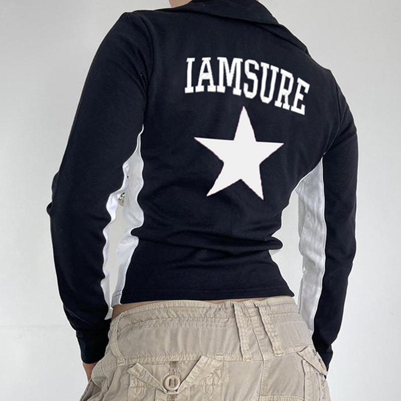 product - wholesale Women Clothing Autumn Winter Street Tide Brand Personality Five Pointed Star Printed Zipper Coat - 5