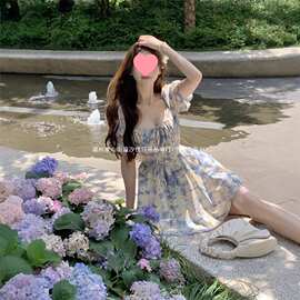 大码法式茶歇碎花连衣裙女2026新款夏季裙子胖mm遮肚显瘦A字短裙