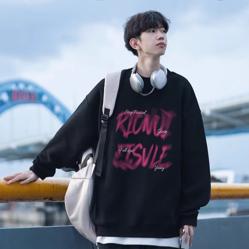 Spring and Autumn Chinese Cotton Round Neck Sweatshirt for Men and Women American Style Retro Fuzzy Letter Top New Hong Kong Style All-match Couple Jacket