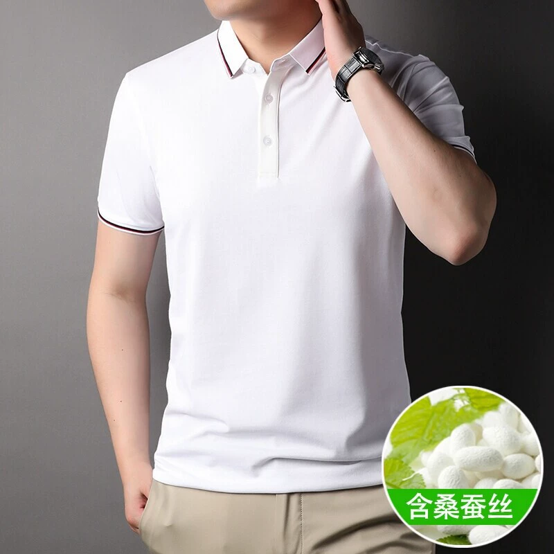 2025 Шелковая рубашка с лацканами и короткими рукавами для мужчин среднего и старшего возраста, деловая повседневная одежда для папы, однотонная, не требует глажки 0108