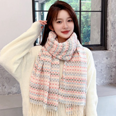 圍巾女秋冬2023新款韓版彩色格子學生保暖加厚圍脖仿羊絨流蘇披肩