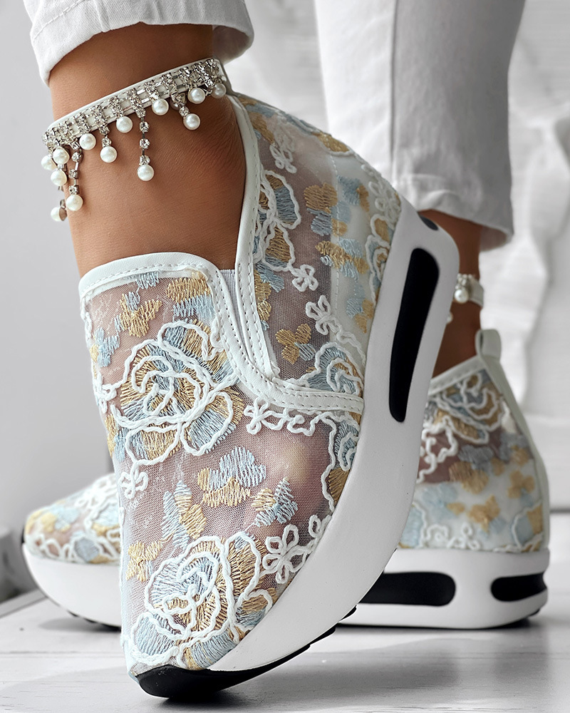 Women's Shoes Single shoes summer loafers, Korean style lace mesh white shoes, casual slip on high heels, inner height increasing platform shoes_voghion.com