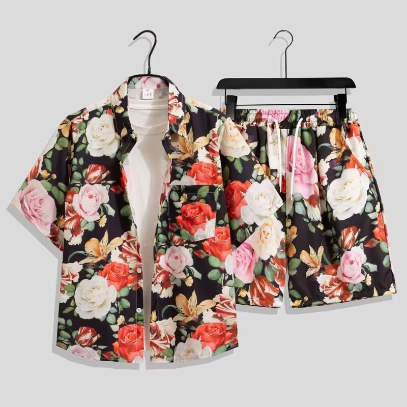 Мужской костюм из рубашки и шорт с тайским цветочным принтом, гавайская пляжная рубашка с коротким рукавом, парная одежда, новинка лета 2025 года, летняя куртка