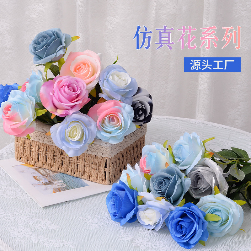 Ice-crushed blue artificial rose single stem European curved head fake flower high-end indoor decoration wedding use flower bouquet
