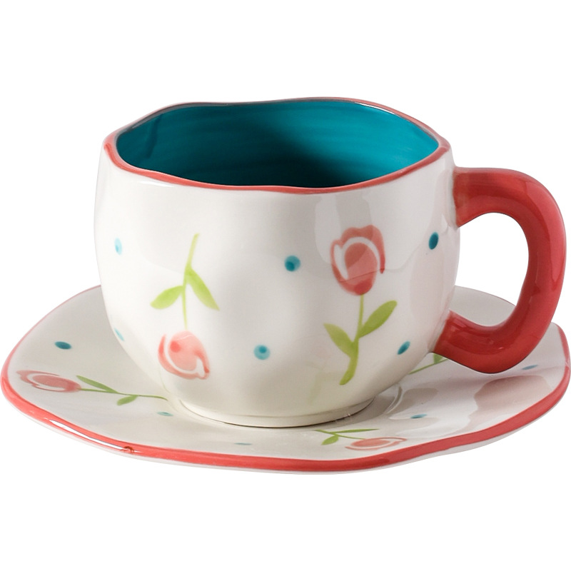 Super lindos esmalte de color pintado a mano cuadrícula azul cielo blanco nubes tazas de café plato mano apretado irregular tazas de cerámica plato