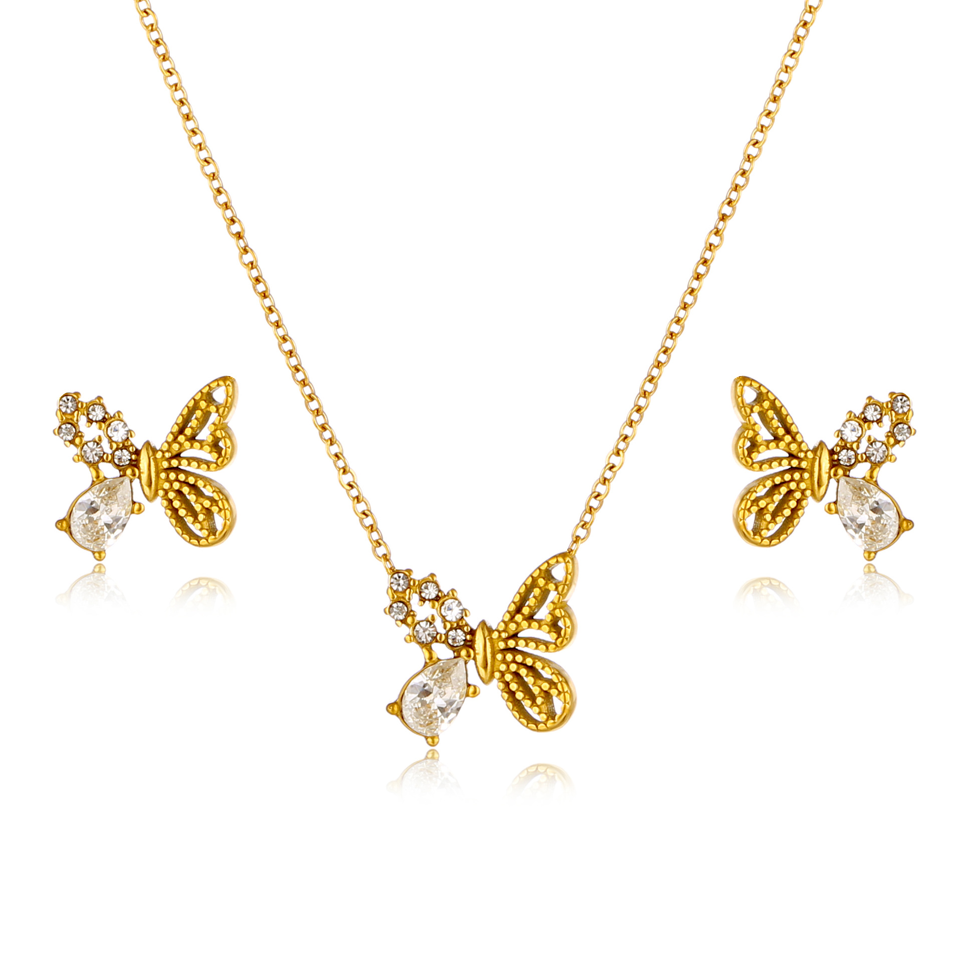 7g Weight PVD Coated Gold Plating Process Real Gold Plated Plating Material Wholesale Jewelry Sweet Butterfly Titanium Steel Zircon 18K Gold Plated Inlay Earrings Necklace Cable Chain