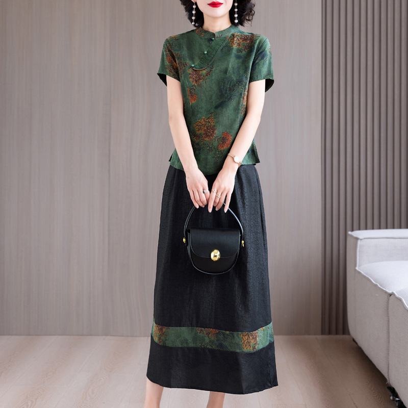 Summer National Style New Chinese Mother's suit Modified Cheongsam Top Retro Xiangyun Yarn Two-piece Skirt Summer National Style New Chinese Mother's suit Modified Cheongsam Top Retro Xiangyun Yarn Two-piece Skirt