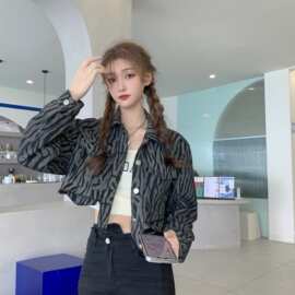 春秋新款班马纹短款不规则牛仔外套女显瘦ins超火条纹夹克上衣