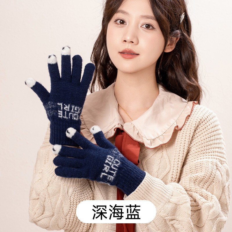 豆豆鱼手套女士冬季露指加厚保暖大童可爱学生防寒毛线可触屏冬天|undefined
