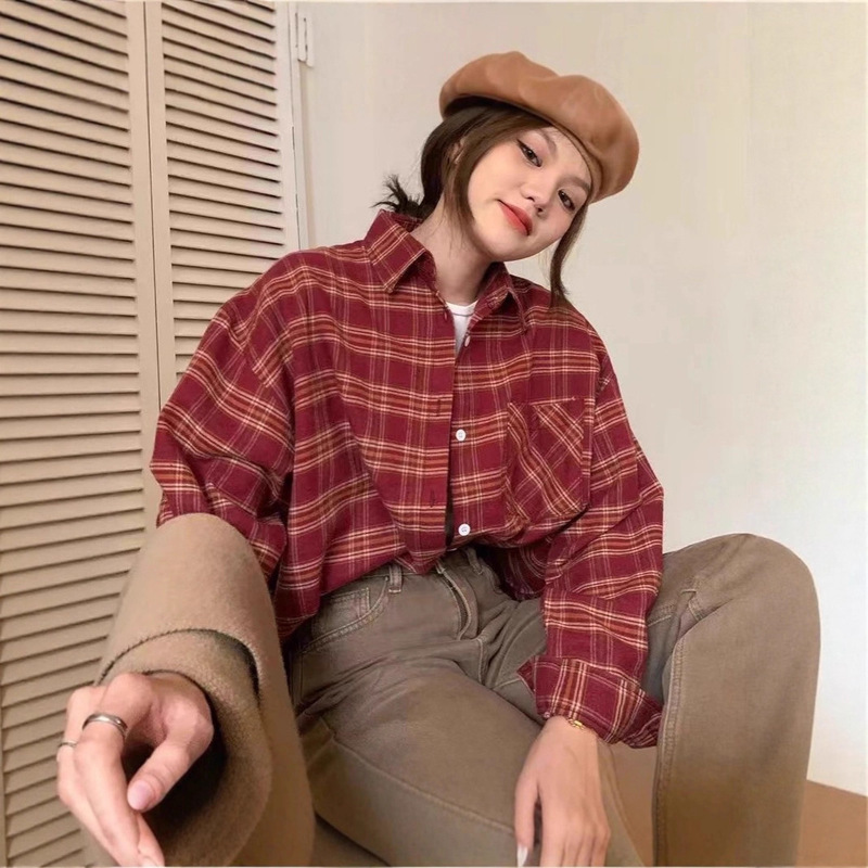 2025 Autumn New High Street New Burgundy Plaid Shirt Women's Korean Style Design Fashion Retro Hong Kong Style Top Long 2025 Autumn New High Street New Burgundy Plaid Shirt Women's Korean Style Design Fashion Retro Hong Kong Style Top Long