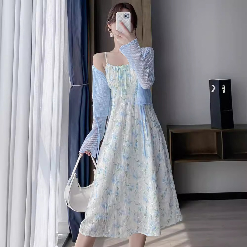 Floral Sling dress Women's Summer French Style Small Long Dress Seaside Vacation Skirt Cardigan Two-piece Dress