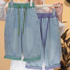 夏季牛仔裤100棉凉感新款男女童韩版宽松拼接撞色牛仔裤其它