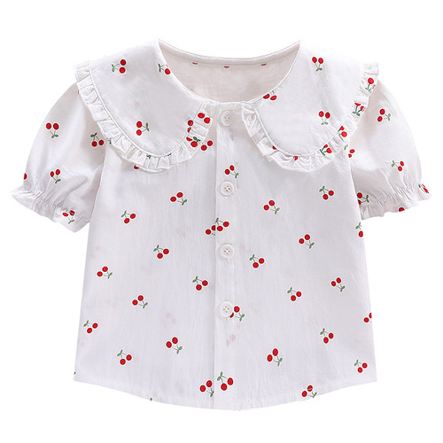 Girls' short-sleeved shirt children's base shirt white blouse 2025 summer new doll collar small and medium children's trendy top