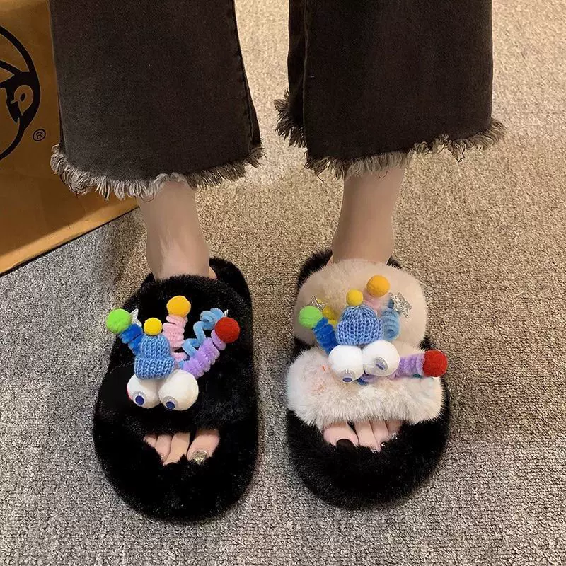 毛毛拖鞋女外穿2024新款秋冬毛绒可爱卡通厚底增高时尚百搭一字拖