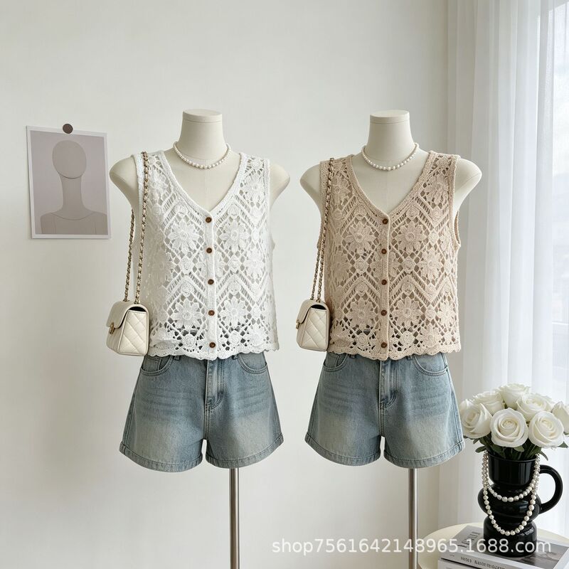 Artistic style retro crochet lace vest for women, hollow floral design with wooden buttons, forest-inspired layered knit cardigan