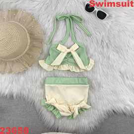 欧美精品店童装外贸批发绿色黄色蝴蝶结夏季女孩新款泳衣套装