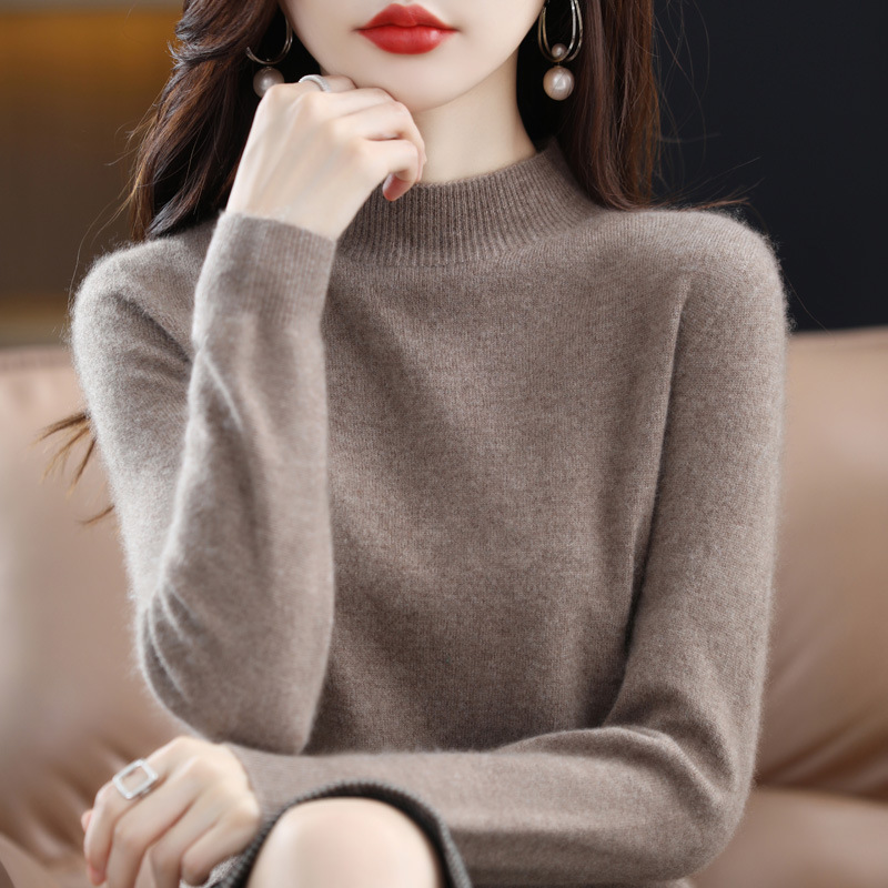Ropa de primera línea medio cuello alto 100 suéter de lana pura suéter de color sólido de las mujeres camisa de fondo de punto del todo fósforo