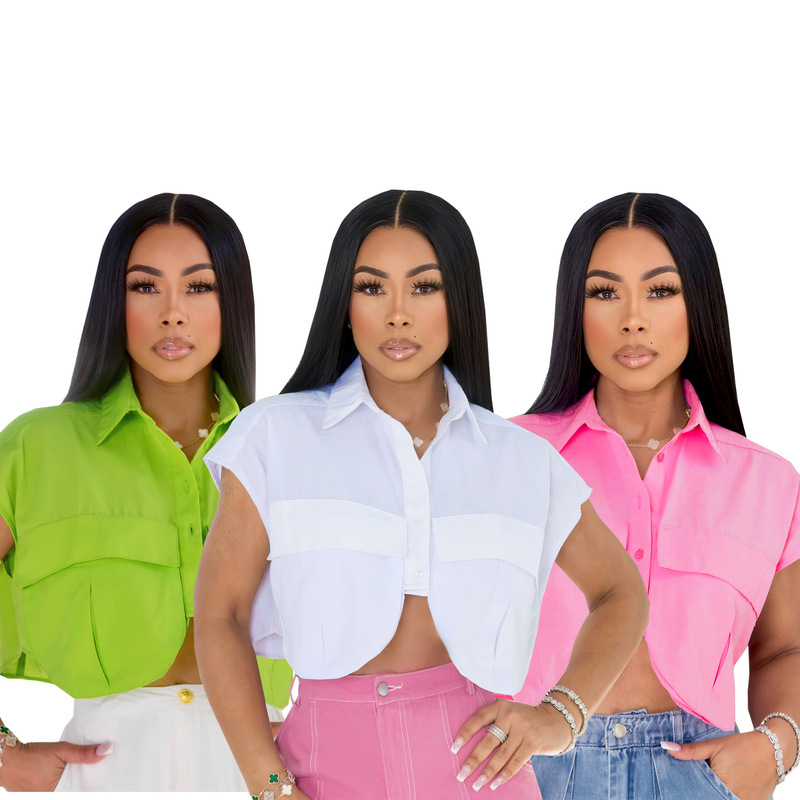 M3020 European and American cross-border Women's solid color elegant commuter single-breasted cardigan sleeveless shirt