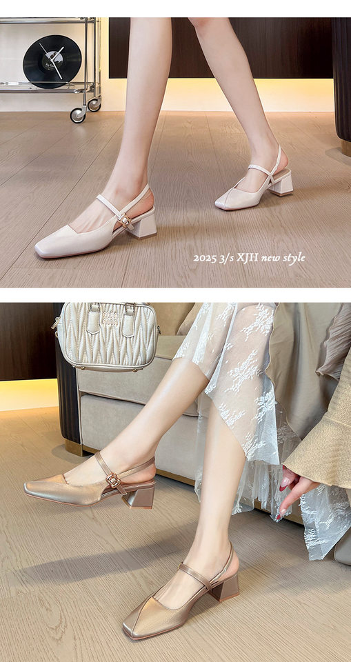 Giày Mary Jane nữ gót thô 3–6 cm mũi vuông quai móc hở gót kiểu Pháp — Màu kaki, Màu trắng be, Màu vàng nhạt chi tiết 10