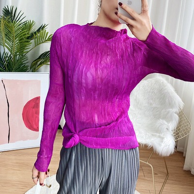 Miyake Pleated 2023 New High-end Explosive Transparent Base Shirt Lace Super Elastic Slim-fit Age-reducing Thin T-shirt